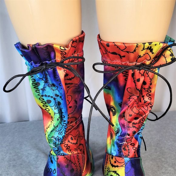 Mata Bold Tie Dye Drawstring 4" Stiletto High Heel Mid Calf Boots - Picture 7 of 11